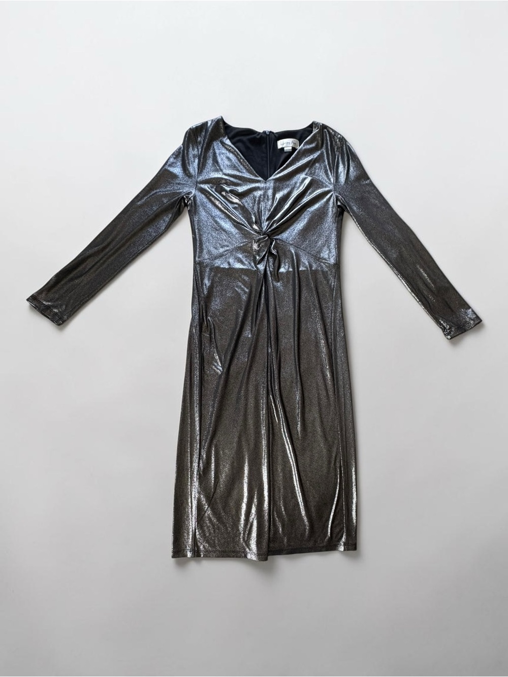 NWT Harper Rose Long Sleeve Ruched Center Tie Dress Metallic Silver Sz 8 Glamour - Picture 13 of 16